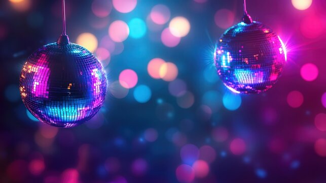 A vibrant and energetic disco-themed background with neon blue and purple lights, creating a captivating bokeh effect that adds excitement to the scene.