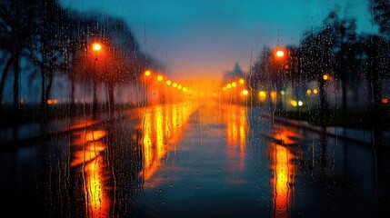 Poster - Raindrop on a window merging city atmosphere and rain pattern concept. A serene rainy evening with glistening streets and glowing lights.