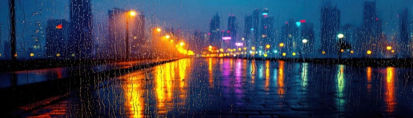 Poster - Raindrop on a window merging city atmosphere and rain pattern concept. A vibrant city skyline illuminated by colorful lights at night.