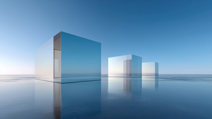 Leinwandbilder - Abstract 3D Rendered Minimalist Background with Clear Blue Sky, Empty Concrete Floor, and Three White Mirrored Cube Buildings on Horizon for Product Presentation, Mockup, or Banner Design