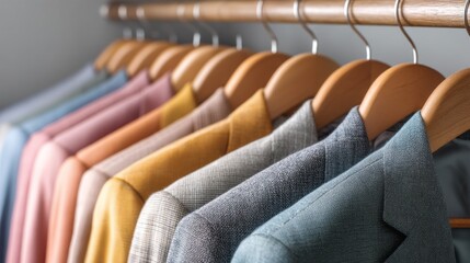 Poster - Colorful jackets hang neatly on wooden hangers in a well-organized closet. Soft lighting enhances the inviting atmosphere, emphasizing the stylish selection perfect for any occasion