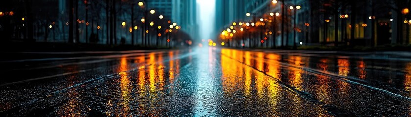 Poster - Raindrop on a window across cityscape with layered water texture concept. City street at night with wet pavement reflecting colorful lights.