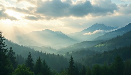  Mountain's Majesty: Witness the serene, awe-inspiring vista of a majestic mountain range enveloped in a soft, ethereal mist, bathed in the golden glow of the rising sun