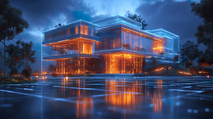 Poster - Modern architecture visualization featuring holographic design with glowing elements