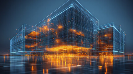 Aufkleber - Modern architecture with transparent wireframe grid and glowing elements creates futuristic vibe