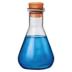 Poster - transparent laboratory flask with blue liquid and wooden stopper, isolated on transparent background