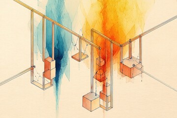 Poster - Artistic design of colorful geometric shapes hanging in a modern space with a blend of vibrant colors