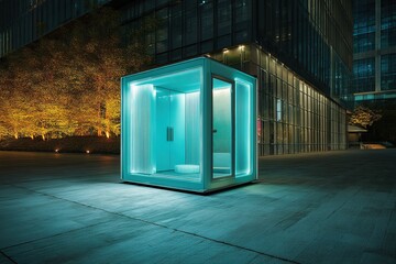Poster - Unique illuminated structure at night beside modern buildings with vibrant trees in the background