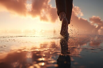 Poster - Footsteps on the water at sunset create serene reflections and a peaceful atmosphere