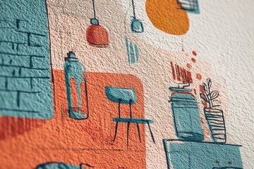 Poster - Colorful wall mural depicting furniture and decor elements in a modern indoor setting with artistic details and textures