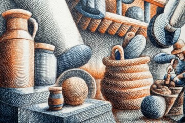 Aufkleber - Colored still life featuring pottery and kitchen items on a textured background