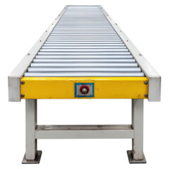 Poster - Long Conveyor Belt with Smooth Metal Rollers for Industrial Use, isolated on transparent background.