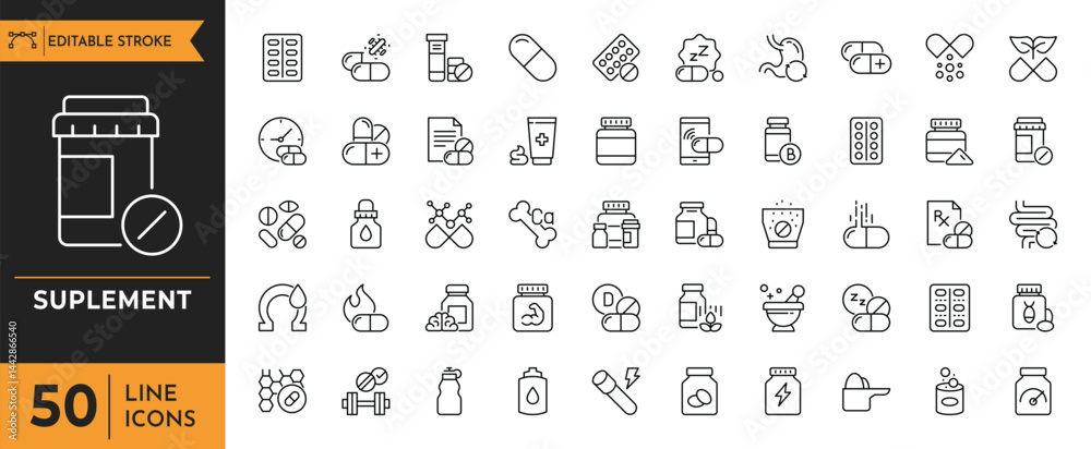 Suplement outline icon set. Contains icons related to Vitamins and ...