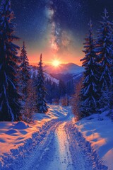 Wall Mural - A scenic road heads towards a resplendent sunrise nestled among snow-covered trees, set against the awe-inspiring backdrop of the milky way in the sky