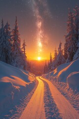 Wall Mural - Between snow-laden trees, a road winds its way towards a kaleidoscopic sunrise, accompanied by the majestic sight of the milky way in the sky