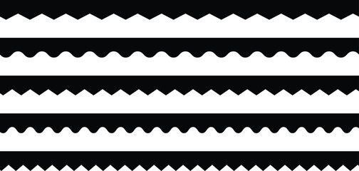 Poster - Horizontal zig zag line. Scalloped edge vector. Seamless line zigzag pattern design. Simple scalloped border, texture ribbons, seamless pattern Vector illustration. Zigzag stripes set. 