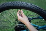 Close-up of a bicycle wheel that is slightly deflated