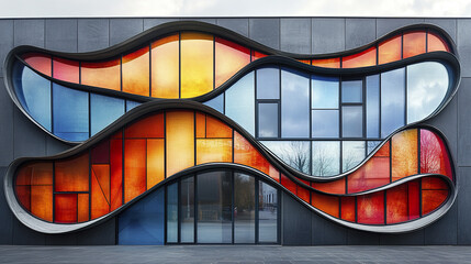 Poster - Modern building facade with colorful glass panels creating vibrant and artistic design