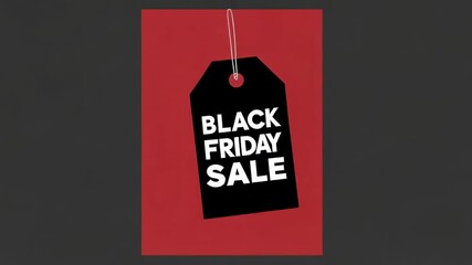 Poster - Black friday sale tags swinging softly against vibrant red background, highlighting seasonal shopping excitement and impending retail promotional deals