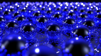 Poster - Surreal abstract 3D background with neon glowing gradient spheres and fluid particles in motion. Vibrant wavy design in blue and purple colors on black, perfect for futuristic festive visuals