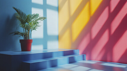 Poster - vibrant interior space featuring colorful walls and potted plant, creating lively atmosphere
