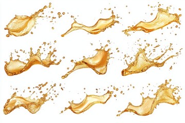 Poster - Collection of golden liquid splashes isolated on a white background in various dynamic shapes and forms