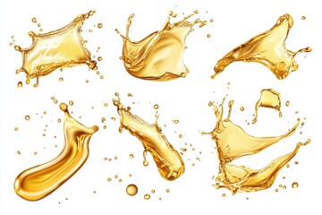 Poster - Isolated collection of golden liquid splashes with droplets on a clean white background in studio shot