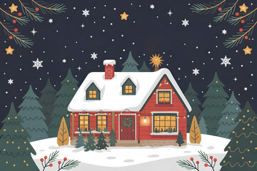 Wall Mural - red christmas house covered in snow during nightfall with fairy lights and christmas trees