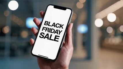 Poster - Female hand gripping smartphone displaying black friday sale advertisement with blurred shopping mall background highlighting seasonal retail digital marketing and consumer technology promotion