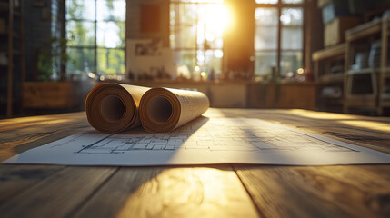 Poster - Rolled construction plans and floor layout wooden table with sunlight streaming