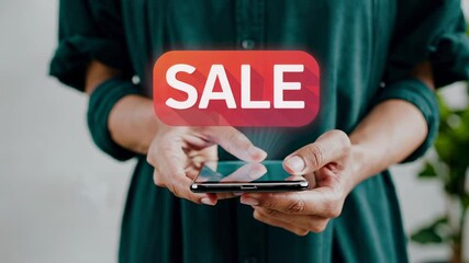 Poster - Female shopper wearing stylish green dress browsing online store, navigating smartphone during black friday shopping and checking promotional deals with focused interaction