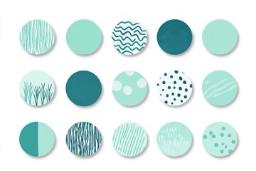 Poster - Collection of fifteen teal and light green circles with various patterns on a white background