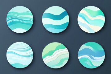 Poster - Six circular designs with wavy patterns in shades of blue green and white on a dark background