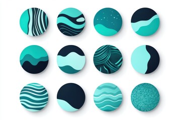 Poster - Twelve teal circles with varied abstract designs arranged on a white background in a grid pattern