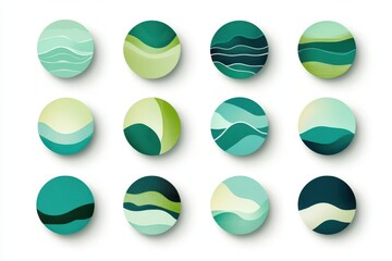 Poster - Collection of twelve circular designs featuring abstract green and teal wave patterns on white background