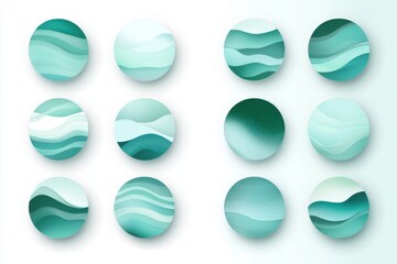 Poster - Twelve circular designs with abstract wave patterns in shades of teal and light blue on white background