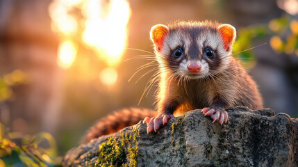 Poster - Curious ferret explores moss covered remains of old structure, bathed in warm glow of setting sun. scene captures sense of adventure and tranquility