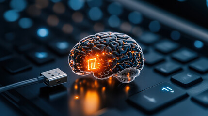 Leinwandbilder - Glowing digital brain rests on keyboard, symbolizing fusion of technology and human intelligence. brain is illuminated with intricate patterns, highlighting connectivity