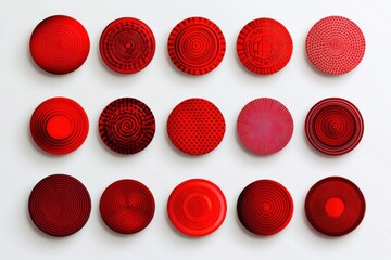 Poster - Fifteen red circular objects with various patterns arranged in a grid on a white background