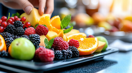 Poster - Closeup of hand arranging fresh fruit slices on black tray, including oranges, berries, and apples, creating vibrant and healthy display