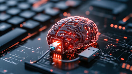 Poster - Closeup image of human brain model connected to computer circuit board, symbolizing artificial intelligence and technology integration. glowing red lines add futuristic feel
