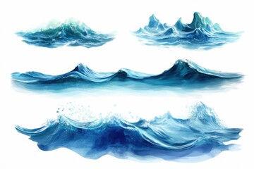 Poster - Various watercolor illustrations of ocean waves in different shapes and sizes on white backdrop