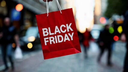 Poster - Energetic shoppers carrying red shopping bags marked with black friday branding, moving across blurred urban street during seasonal shopping event