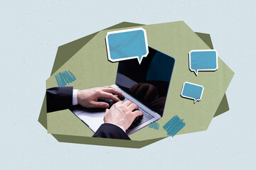 Fototapete - Surreal collage of hand with object on blue background having mind clouds