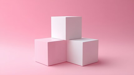 Poster - Three white cubes are arranged together on a smooth pink background, creating a minimalist and modern composition.