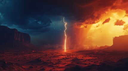 Wall Mural - Epic clash of natural forces captured in stunning detail. A powerful lightning bolt strikes the earth against a backdrop of fiery skies and dark clouds. Generative AI