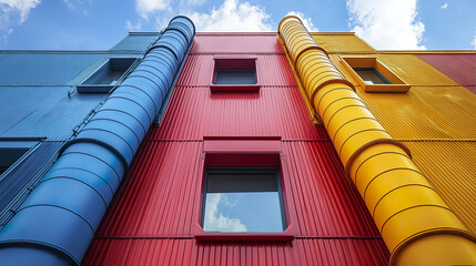 Poster - Colorful building facade with geometric design and vibrant pipes creating striking visual impact