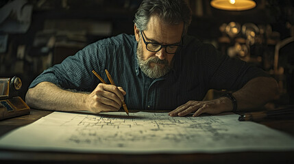 Poster - focused architect sketching detailed blueprints with precision and creativity