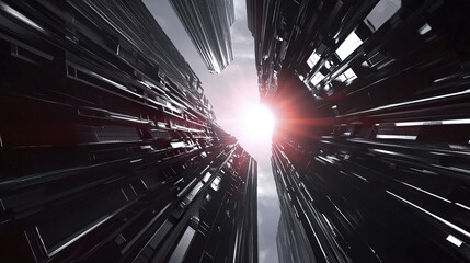 Poster - Ultra modern skyscrapers create geometric tunnel, revealing bright light at end