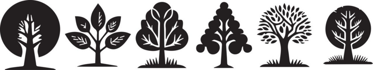 tree icons. black tree icons of various shapes isolated vector illustration